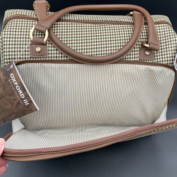 London Fog Oxford III Olive Houndstooth Carry On Duffel Bag Leather Trim 16" - Picture 6 of 8